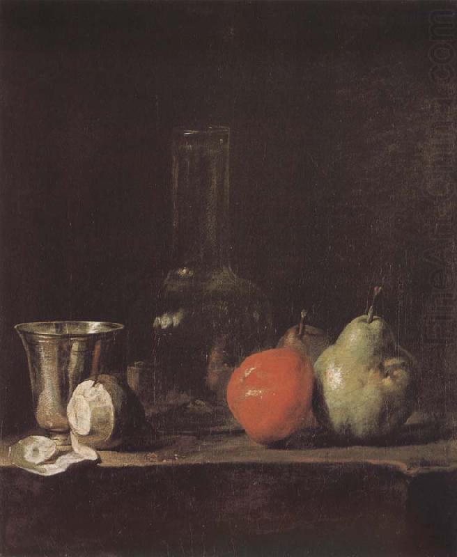 Jean Baptiste Simeon Chardin Silver wine bottle lemon apple pear china oil painting image
